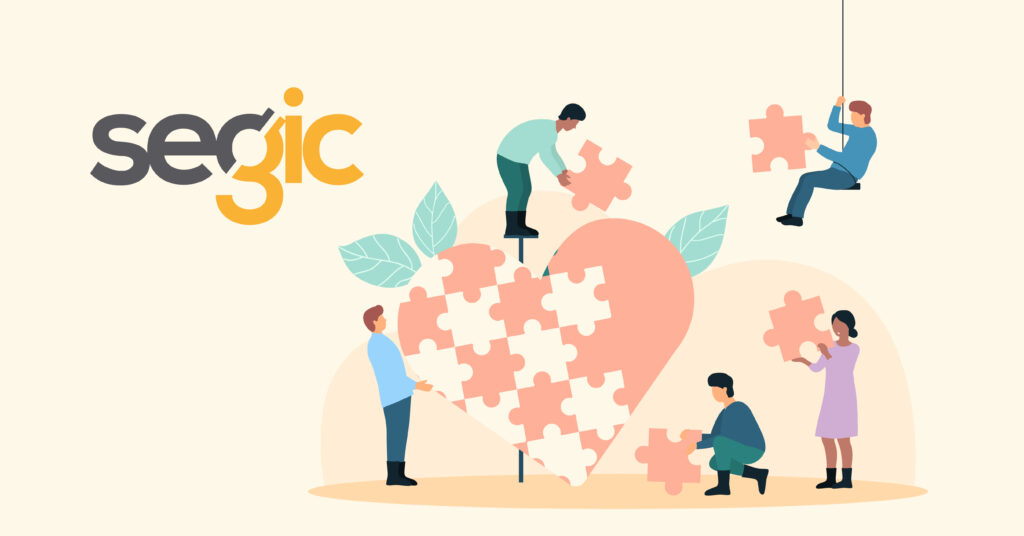 Illustration Segic sur l’autoadhésion et les avantages collectifs flexibles en 2025, symbolisée par un cœur en puzzle représentant la personnalisation et l’adaptation aux besoins des employés.